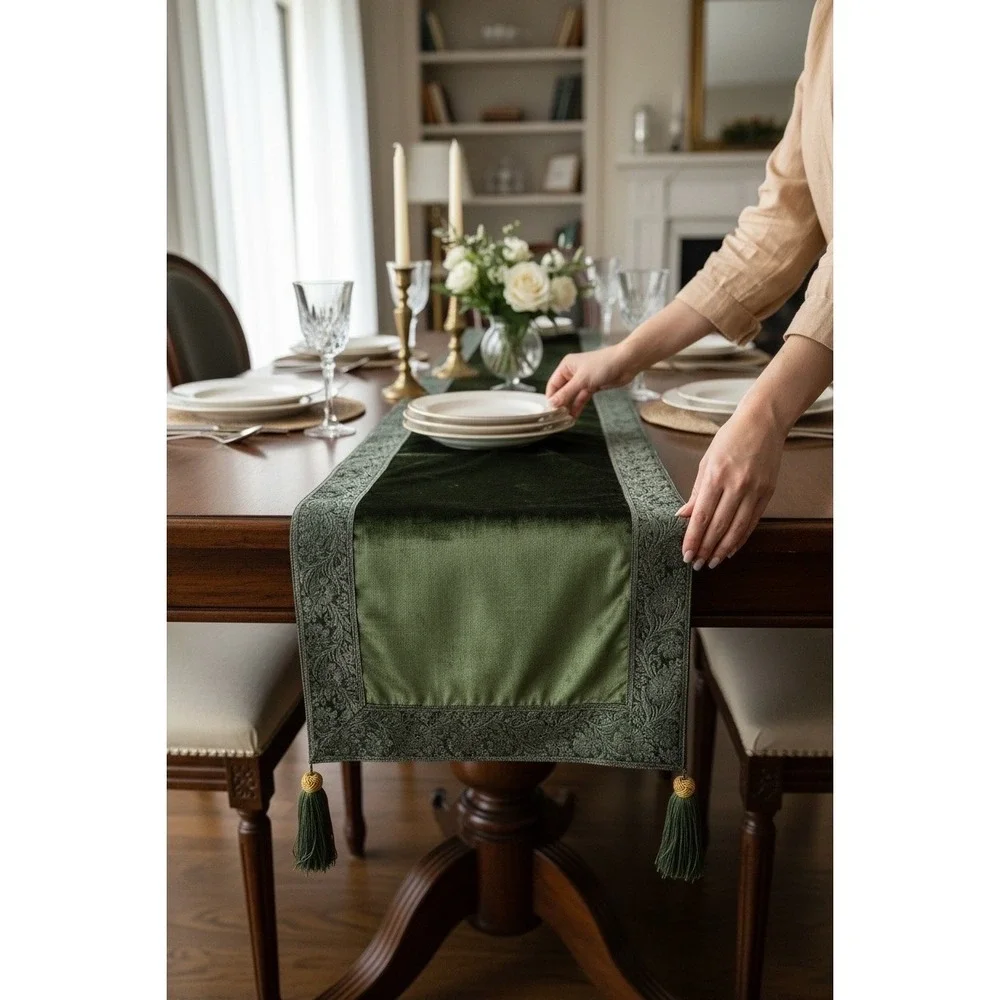 Olive‎ Green Velvet Table Runner Floral Brocade Border Tassels 72x13